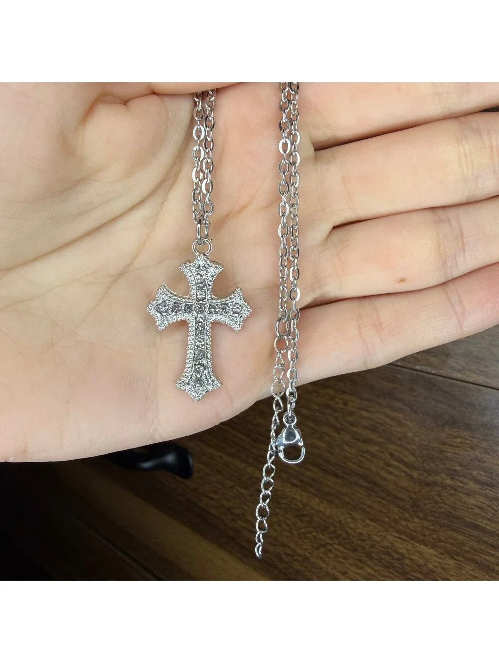 Rhinestone Cross Silver Necklace A-27